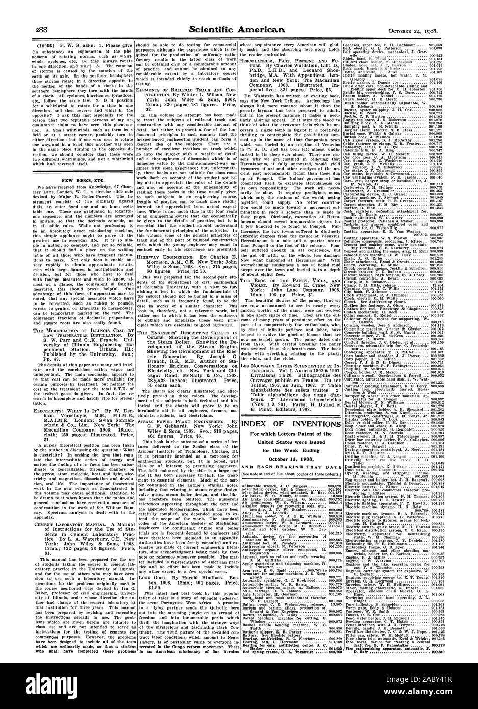 INDEX DES INVENTIONS pour lesquelles Lettres patentes de l'United States ont été émises pour la semaine se terminant le 13 octobre 1908, Scientific American, 1908-10-24 Banque D'Images INDEX DES INVENTIONS pour lesquelles Lettres patentes de l'United States ont été émises pour la semaine se terminant le 13 octobre 1908, Scientific American, 1908-10-24 Banque D'Images