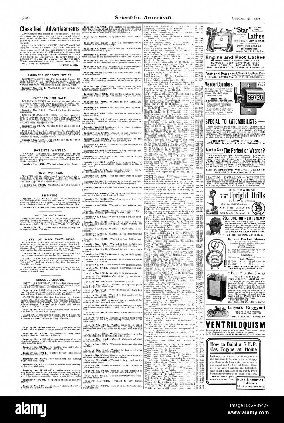 Annonces nécessaires pour donner le numéro de l'enquête. Occasions d'affaires. Les brevets pour la vente. Brevets voulait. HELP WANTED. L'impression. Listes des fabricants. le but d'extraire de l'alcool à partir de la poussière de scie. Divers. Enquête no 8171.-voulait acheter feuilles apprivoisés. pieds lavage et séchage broyage Gum Chicle. Enquête no 8863.--a voulu acheter la machine pour l'enquête no 8864.-inatinfacturers voulait de moi nouveautés mécanique. L'enquête no SSW. - A voulu acheter de l'enquête no 8866 infatigable.-voulait acheter des tours moteur instantané et pied SEBASTIAN LATHE CO 120, rue du ponceau de Cincinnati. O Banque D'Images