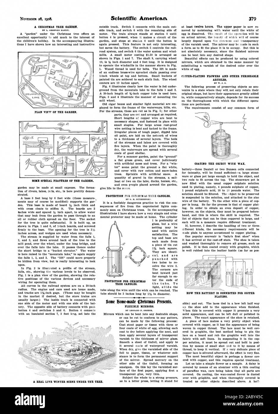 Certaines CARACTÉRISTIQUES PARTICULIÈRES DU JARDIN. PROTECTION POUR LES BOUGIES POUR ARBRES DE NOËL. Une véritable scène d'HIVER EN DIRECT SOUS L'ARBRE., Scientific American, 1908-1911-28 Banque D'Images