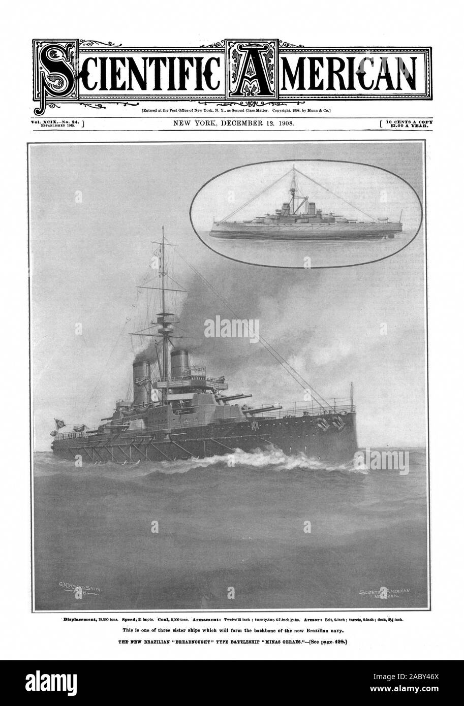 Scientific American, 1908-1912-12, le nouveau navire de type dreadnought brésilien Minas Geraes Banque D'Images