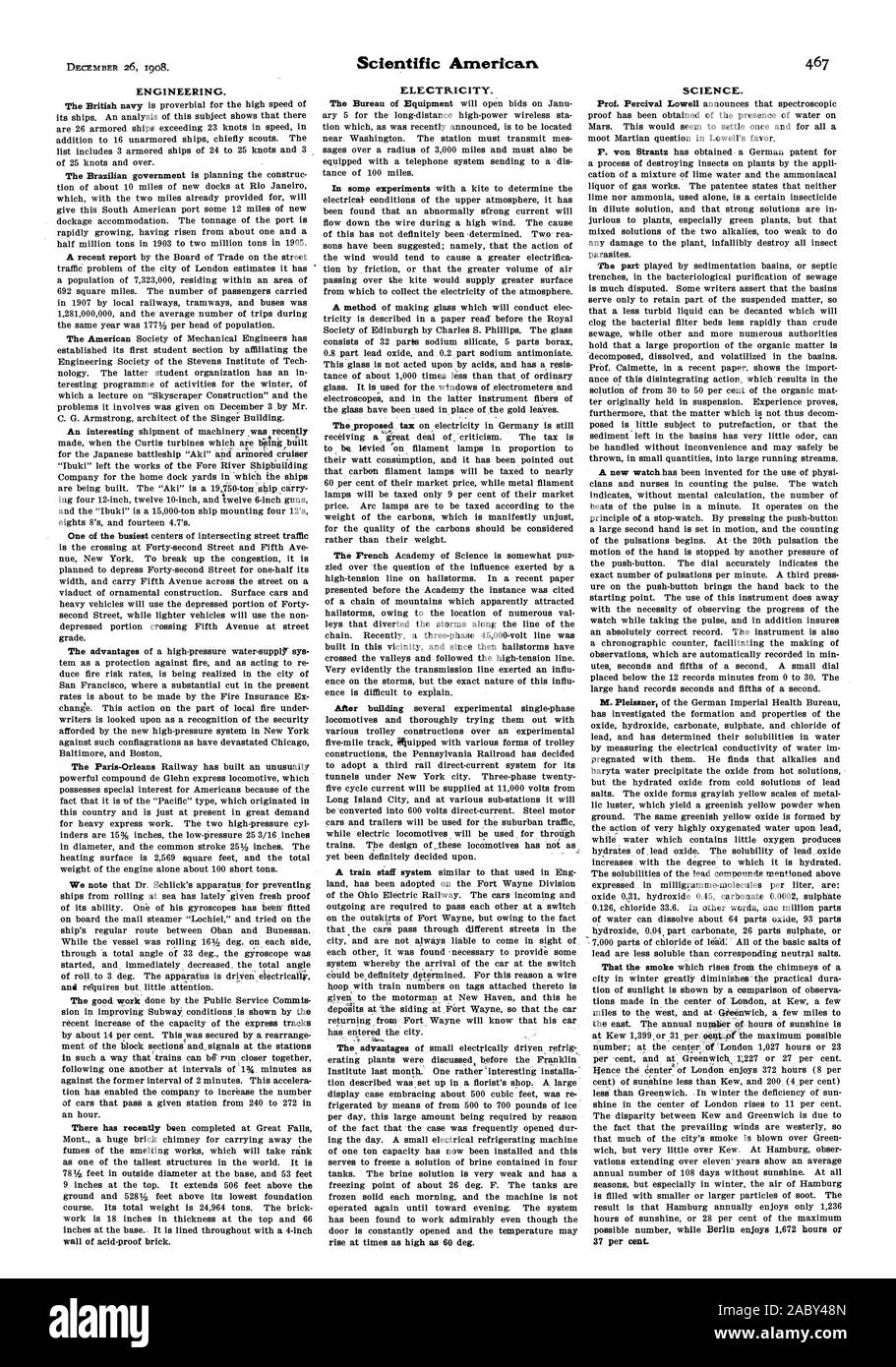 Le plomb sont moins solubles que les sels neutres. Que la fumée qui s'élève des cheminées d'une ville en hiver diminue considérablement les modalités pratiques de la lumière du soleil dure-tion est illustré par une comparaison des observa tions faites dans le centre de Londres à Kew une feskr l'est le nunafier annuel d'heures d'ensoleillement est nombre ; au centre de Londres '1027 heures ou 23, Scientific American, 1908-1912-26 Banque D'Images