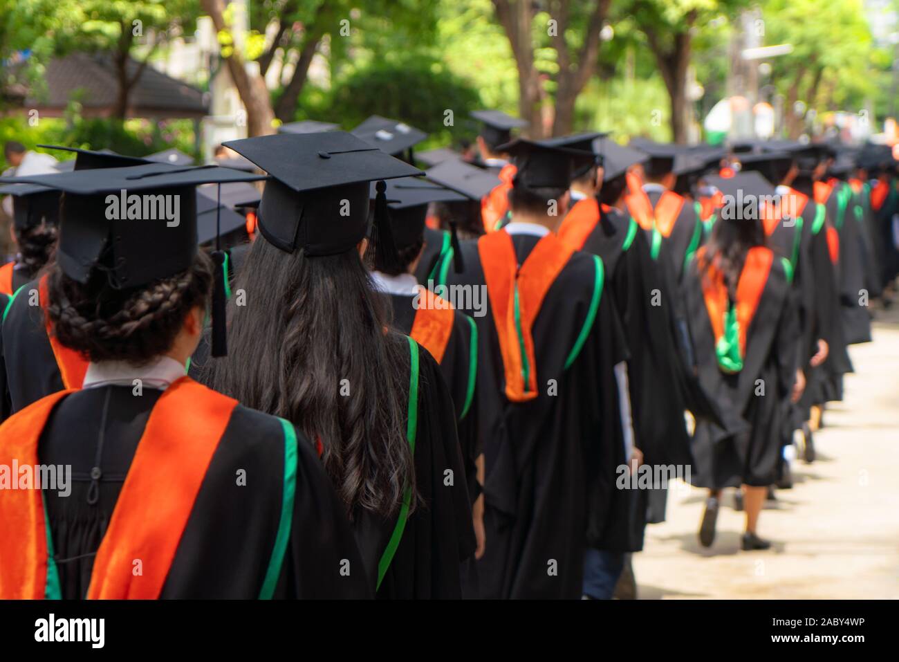 Vue arrière du groupe de diplômés universitaires en robes noires s'aligne pour le diplôme à l'université cérémonie de remise de diplômes. L'éducation Concept félicitations, stu Banque D'Images