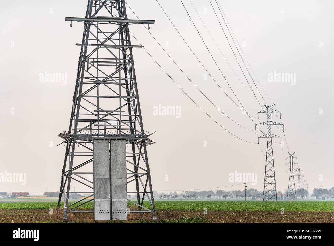 Système de distribution d'électricité. Ligne électrique aérienne haute tension, puissance, pylône pylône en treillis d'acier dans le domaine. Ciel bleu en arrière-plan. Banque D'Images