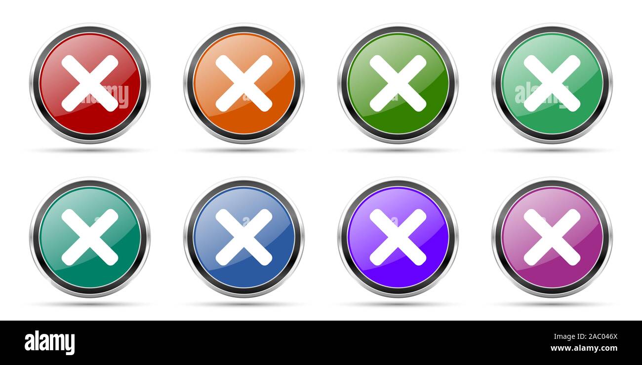 Annuler icônes, ensemble de boutons web brillant rond avec chrome argent métallique frontières isolé sur fond blanc en 8 options Banque D'Images