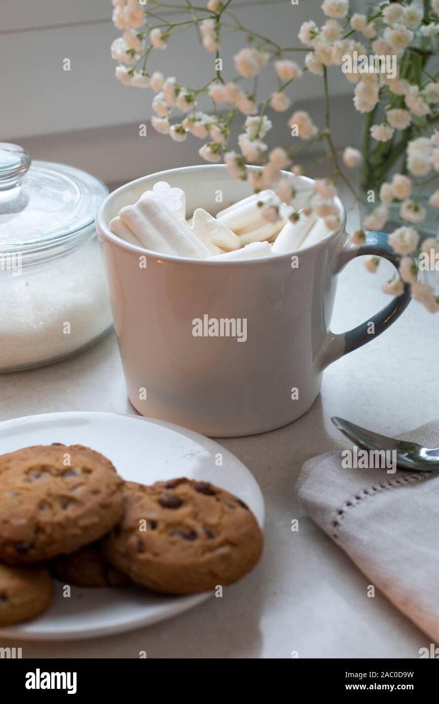 Gypsophila bouquet sur la fenêtre dans un vase de verre au crépuscule. Banque D'Images