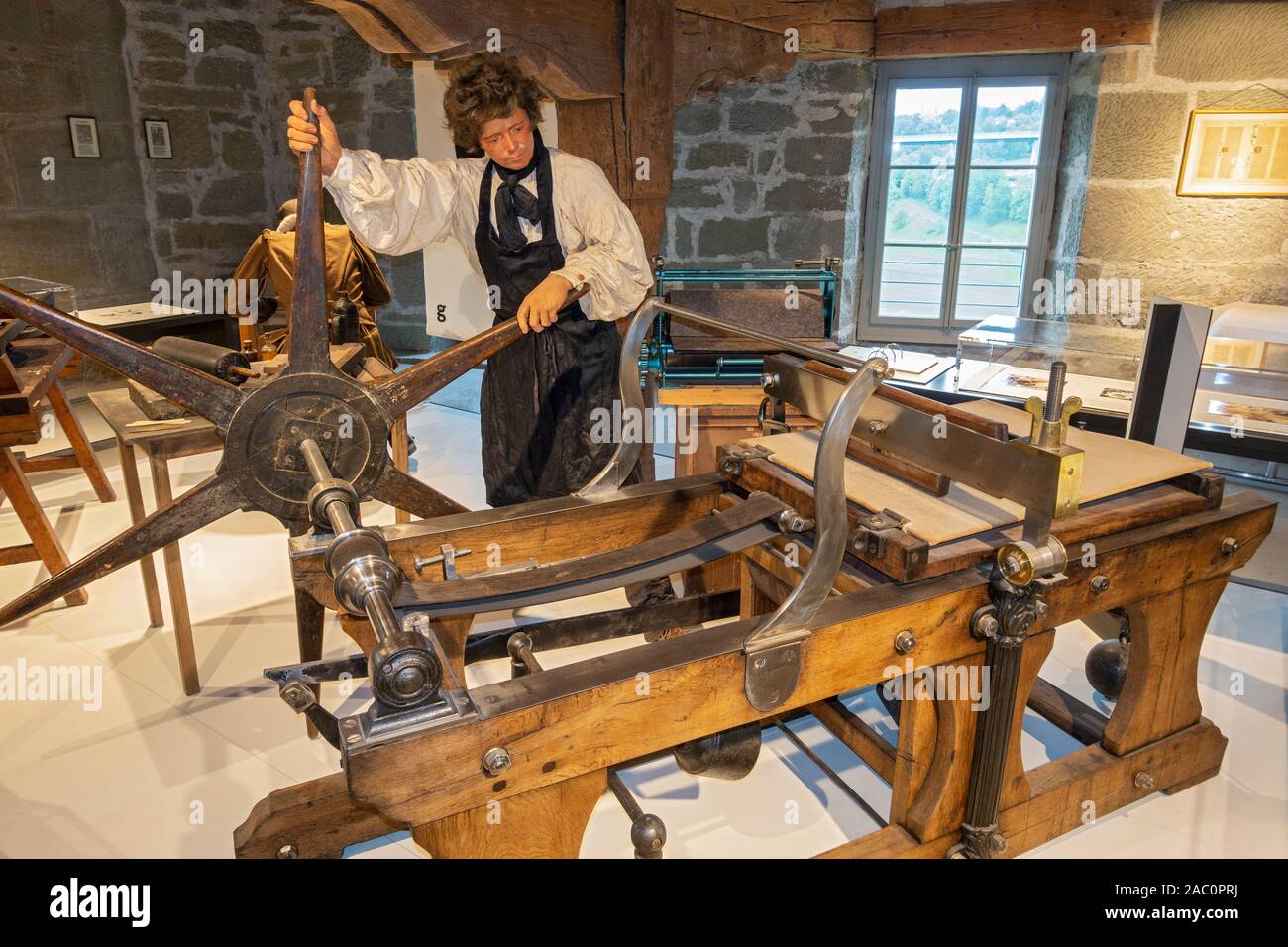 Suisse, Fribourg, Musée Musée Gutenberg, de l'intérieur la pièce, l'impression manuelle appuyez sur Banque D'Images