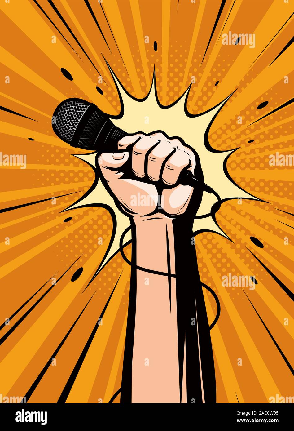 Microphone dessiné à la main dans un style comique rétro pop art. Illustration vectorielle de dessin animé Illustration de Vecteur