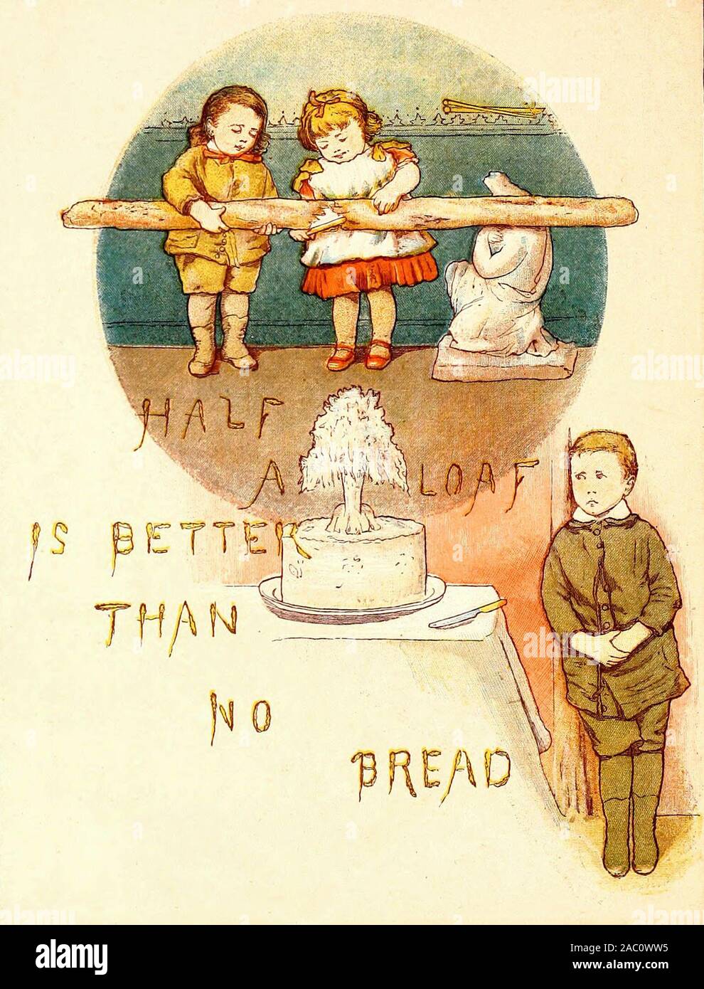 Un tiens vaut mieux que pas de pain - Une illustration vintage de un vieux proverbe. Banque D'Images