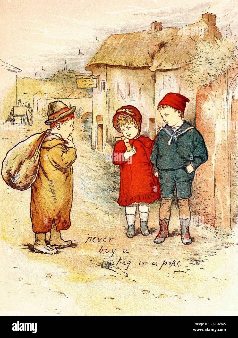 N'achetez jamais un chat dans un sac - Une illustration vintage de un vieux proverbe. Banque D'Images N'achetez jamais un chat dans un sac - Une illustration vintage de un vieux proverbe. Banque D'Images
