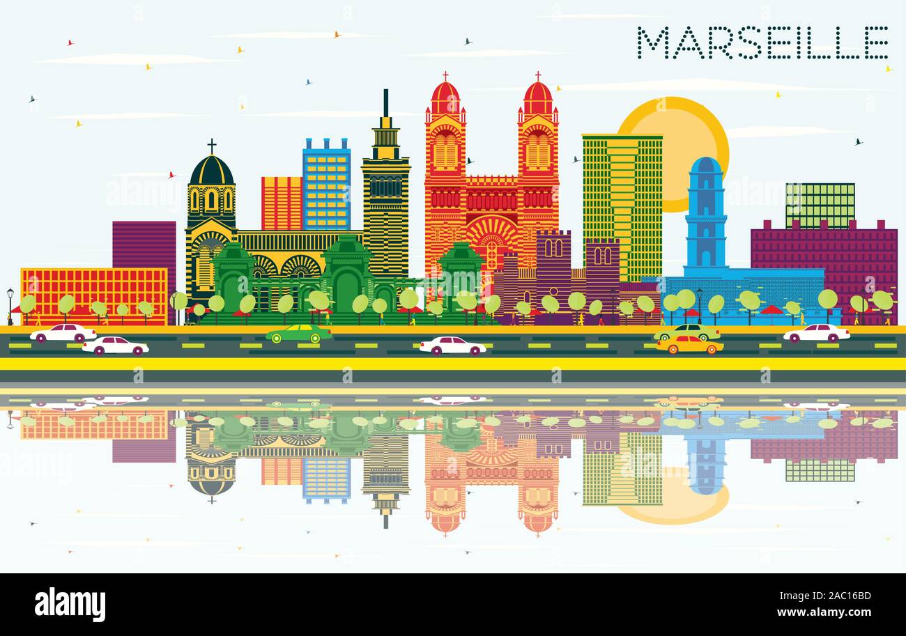 Marseille France Ville avec des bâtiments gris, ciel bleu et des réflexions. Vector Illustration. Les voyages d'affaires et tourisme Concept. Illustration de Vecteur