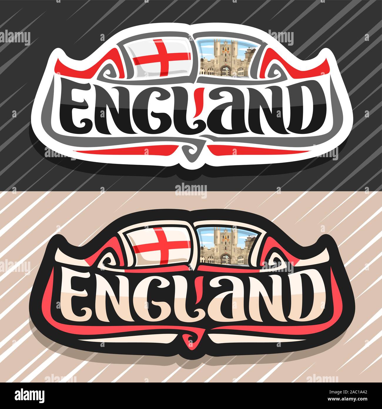 Logo vectoriel pour l'Angleterre, l'aimant frigo avec drapeau anglais, pinceau original typeface pour mot l'Angleterre et l'entreprise nationale de symbole - entrée sud Illustration de Vecteur