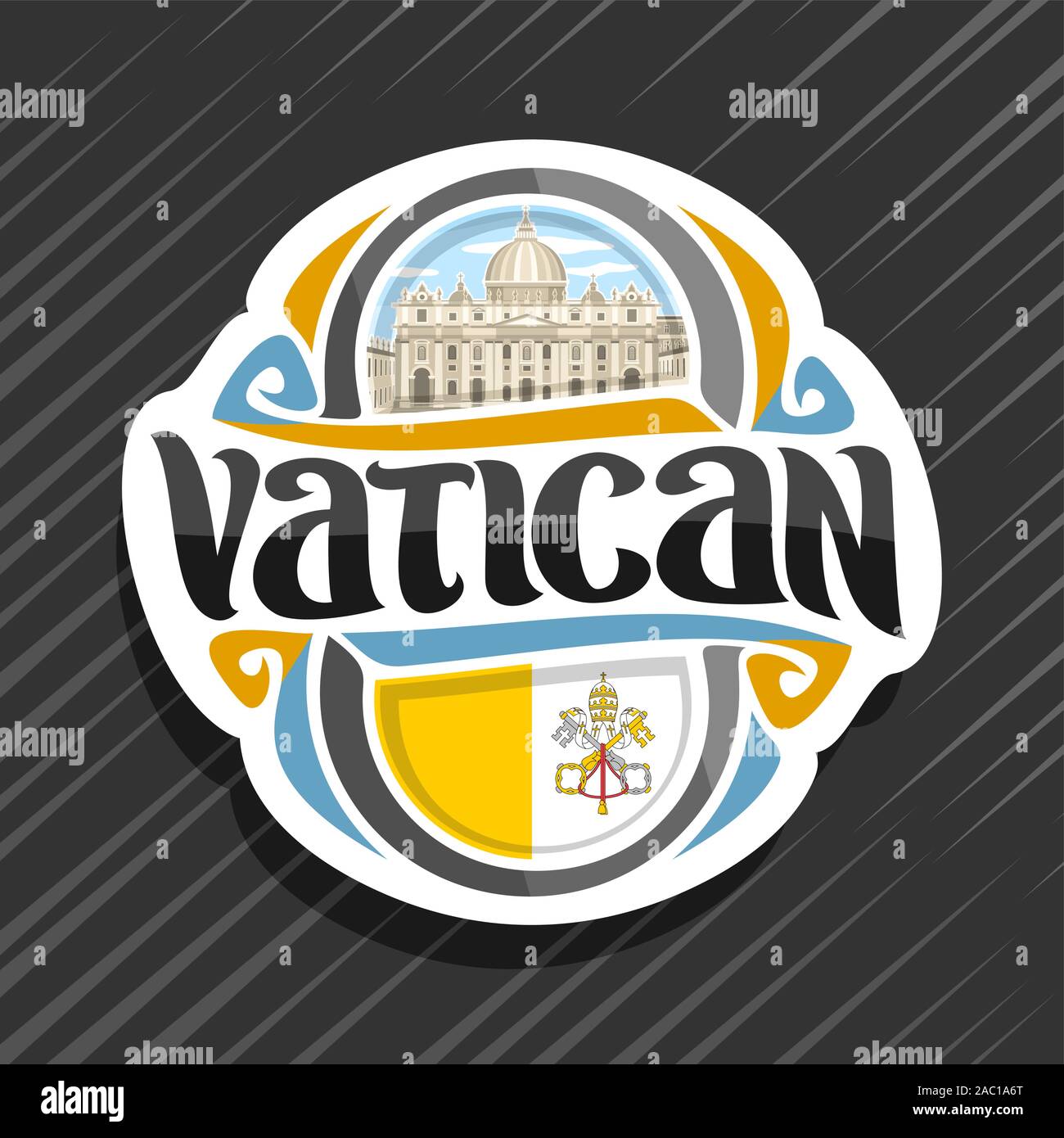 Logo Vector pour Cité du Vatican, aimant frigo avec drapeau et emblème de vatican, pinceau original typeface pour mot symbole et du vatican - Saint Peter's Basil Illustration de Vecteur