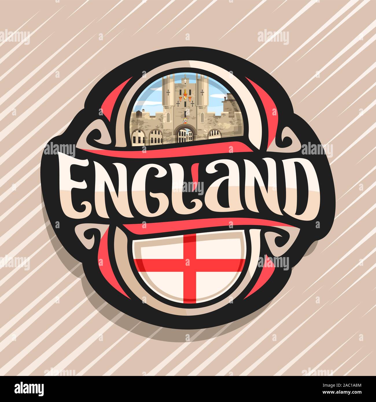 Logo vectoriel pour l'Angleterre, l'aimant frigo avec drapeau anglais, pinceau original typeface pour mot l'Angleterre et l'entreprise nationale de symbole - entrée sud Illustration de Vecteur