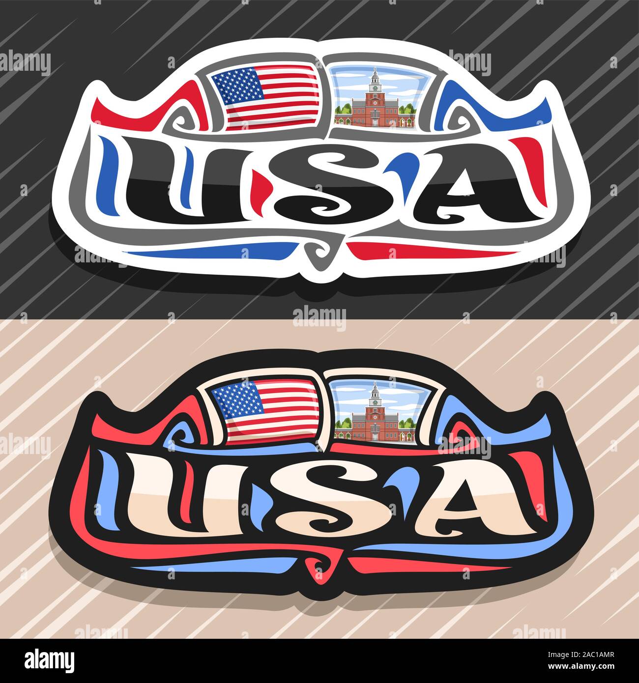 Logo Vector pour les USA, pays aimant frigo avec le drapeau des États-Unis d'Amérique, pinceau original typeface pour mot usa et symbole national - Independe Illustration de Vecteur