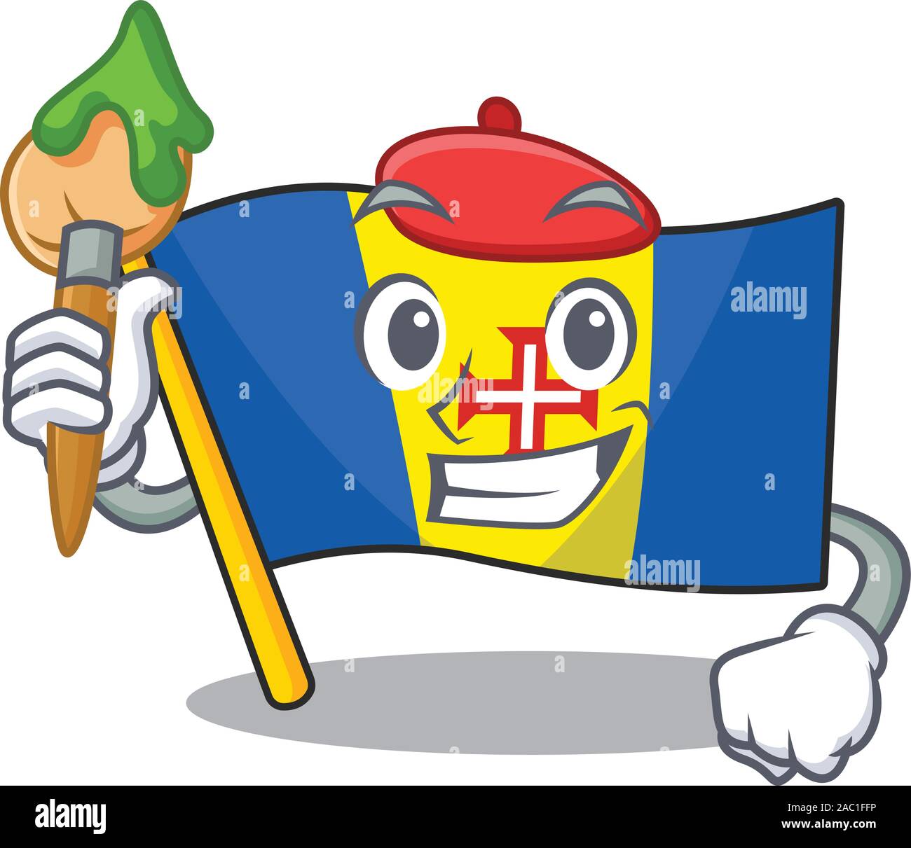 Madère drapeau joyeux personnage artiste avec brosse Illustration de Vecteur