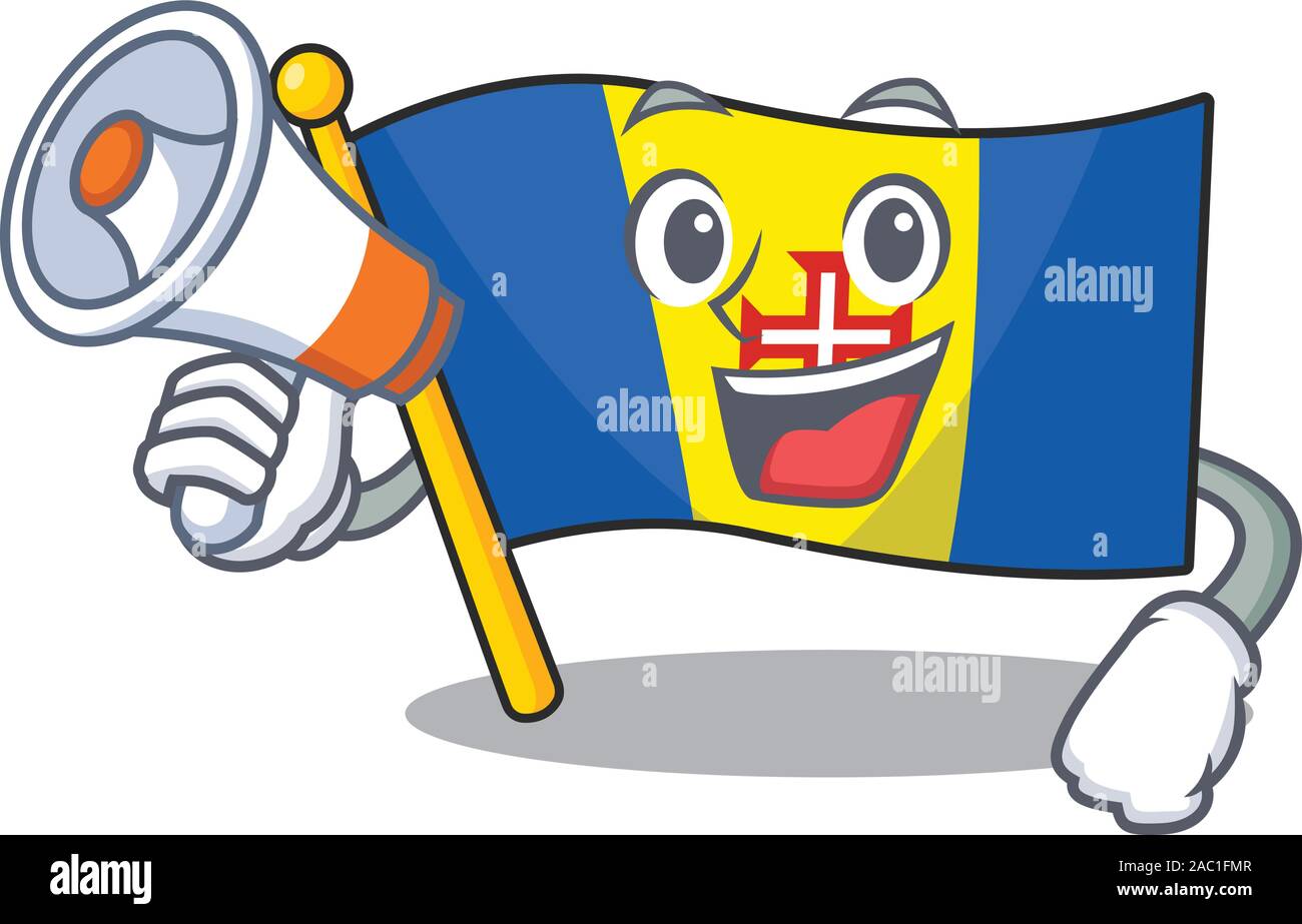 Funny cartoon style de Madère drapeau with megaphone Illustration de Vecteur