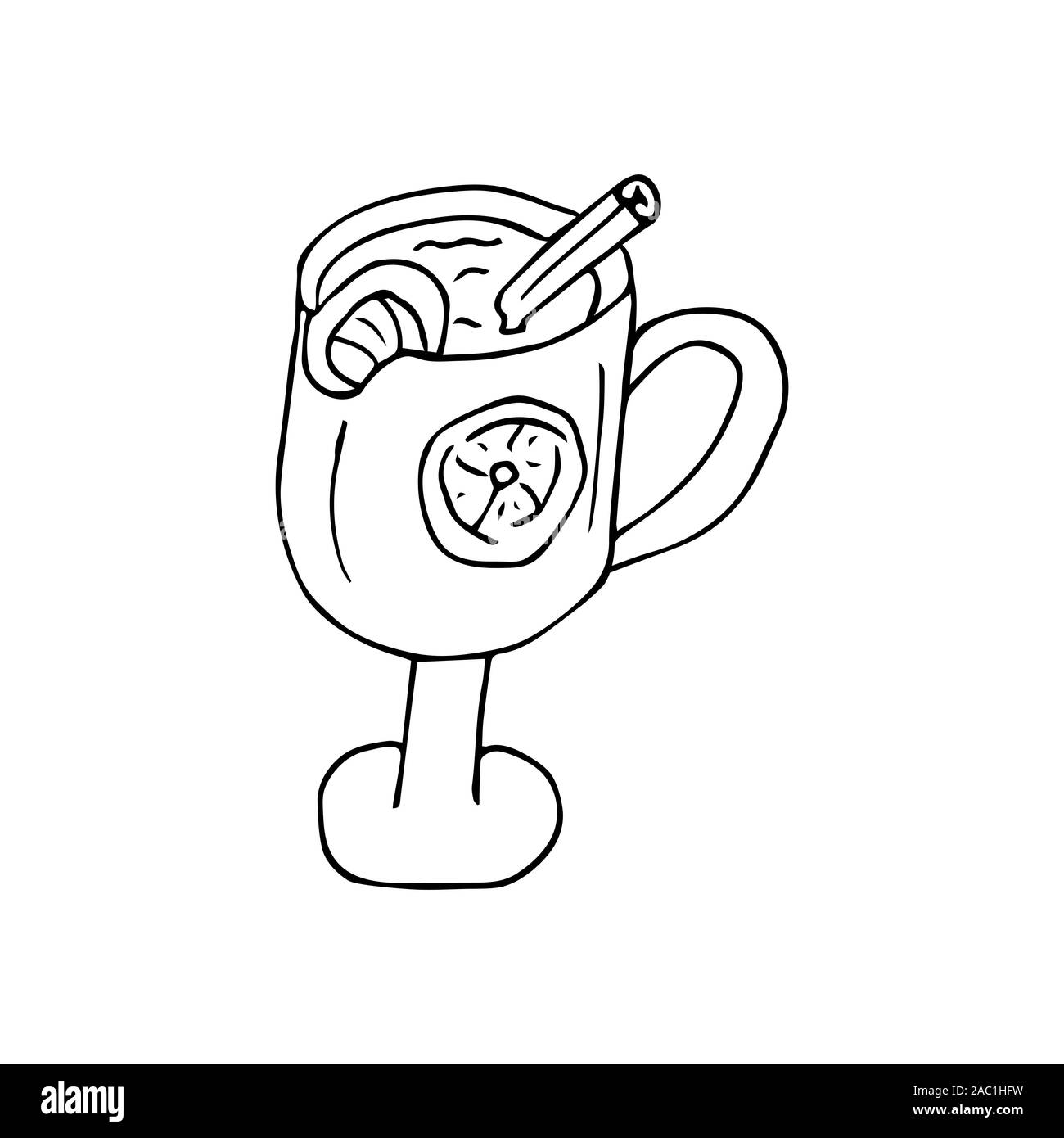Vin chaud dans un verre dans le style doodle, boisson chaude en hiver, affiche pour café, menu. Cardamome épices, le bâton de cannelle, muscade, étoile d'anis, de miel, de gingembre, Banque D'Images
