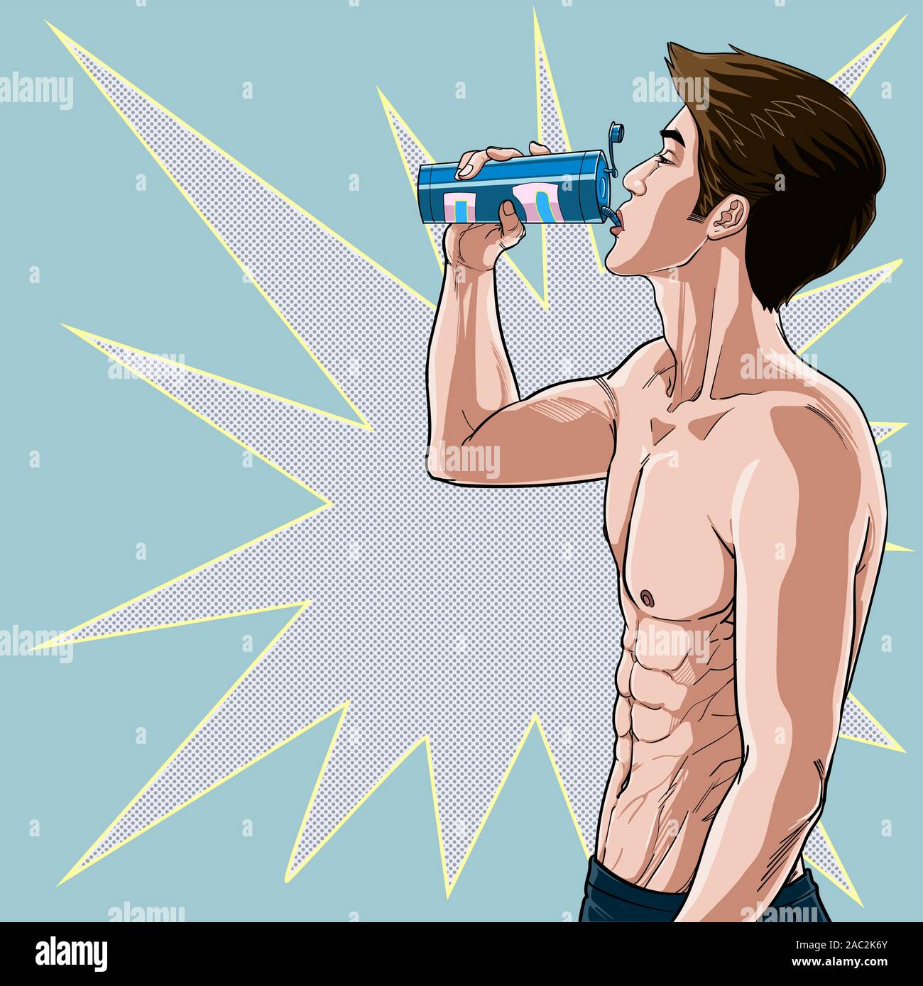 Les jeunes hommes boivent de l'eau après l'exercice Ajouter des minéraux pour le corps vecteur Illustration de la santé sur le pop art style bande dessinée Dot fond coloré Illustration de Vecteur