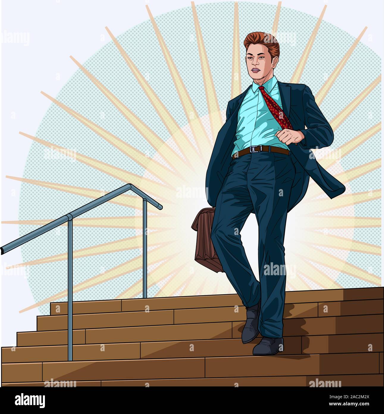 Un homme marche dans les escaliers après le travail de l'entreprise Illustration vector sur le pop art style bd fond abstrait Illustration de Vecteur