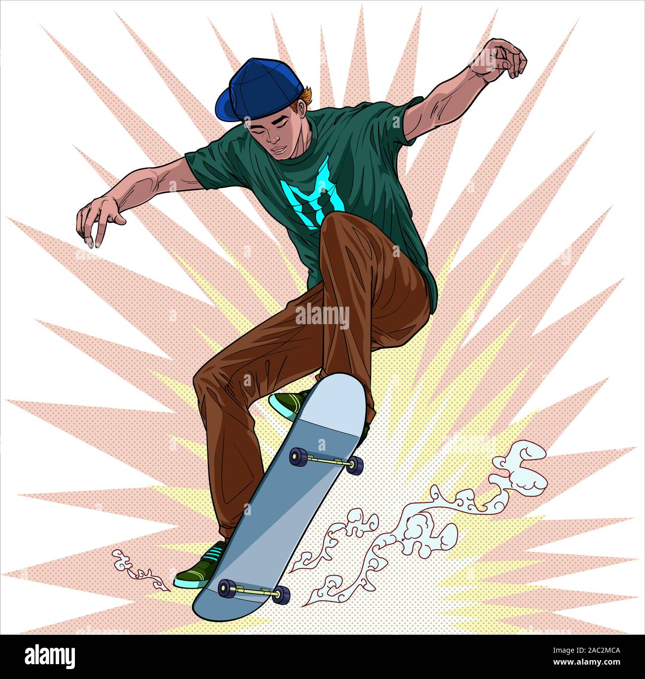 Les jeunes hommes skateboard fun saut vecteur Illustration sur le pop art style bd fond abstrait Illustration de Vecteur