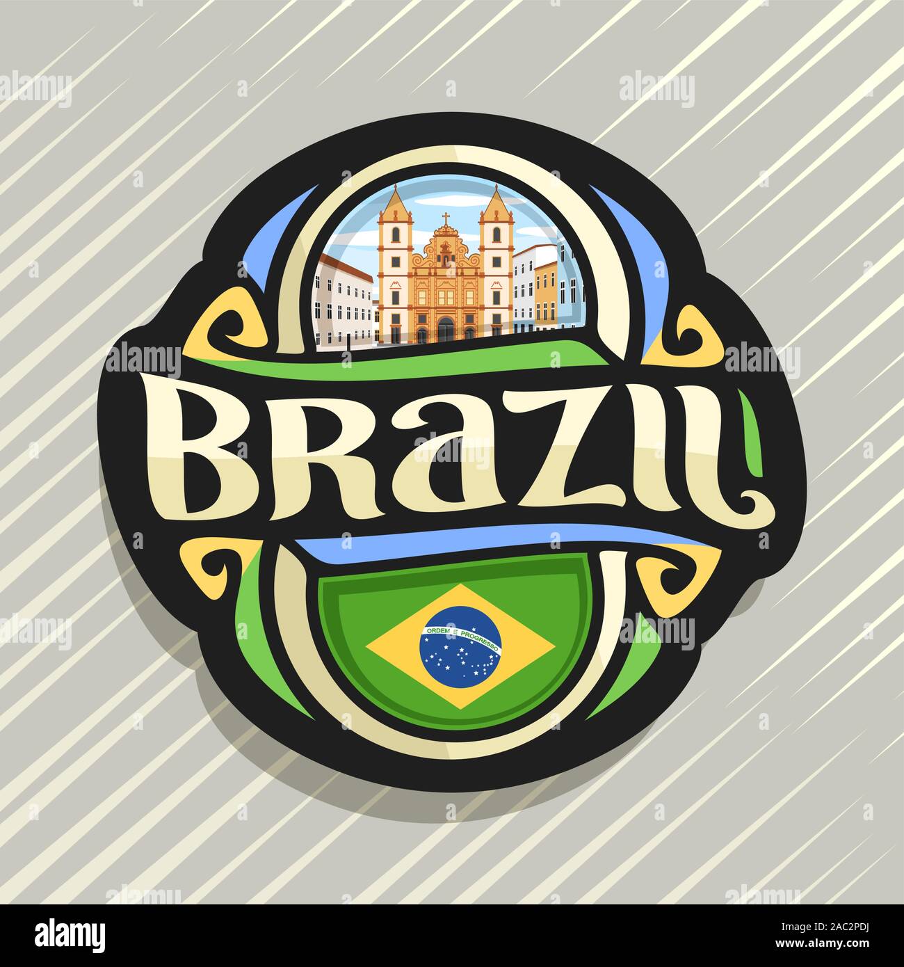 Logo vector pour le Brésil, pays aimant frigo avec drapeau brésilien, pinceau original typeface pour mot brésil et national symbole brésilien - Église de S Illustration de Vecteur