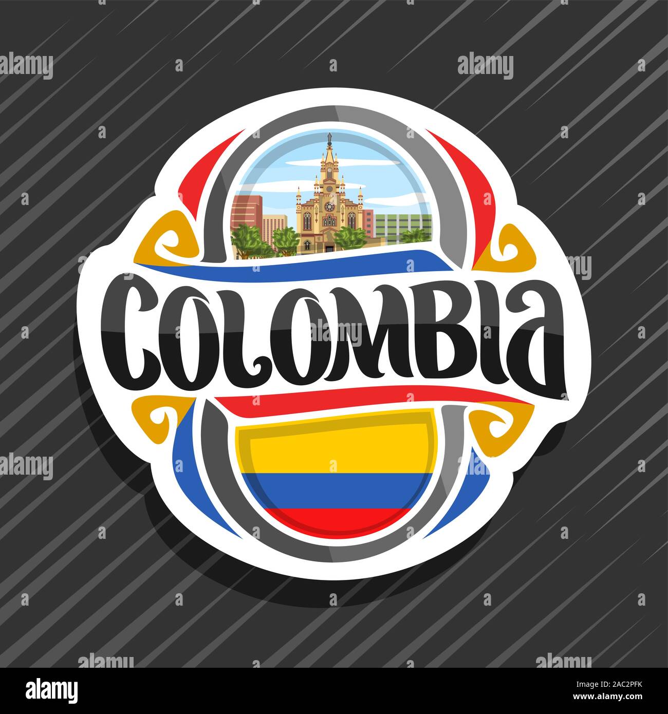 Logo Vector pour la Colombie, pays aimant frigo avec drapeau colombien, pinceau original typeface pour mot Colombie, Colombie - symbole national Naza Jésus Illustration de Vecteur