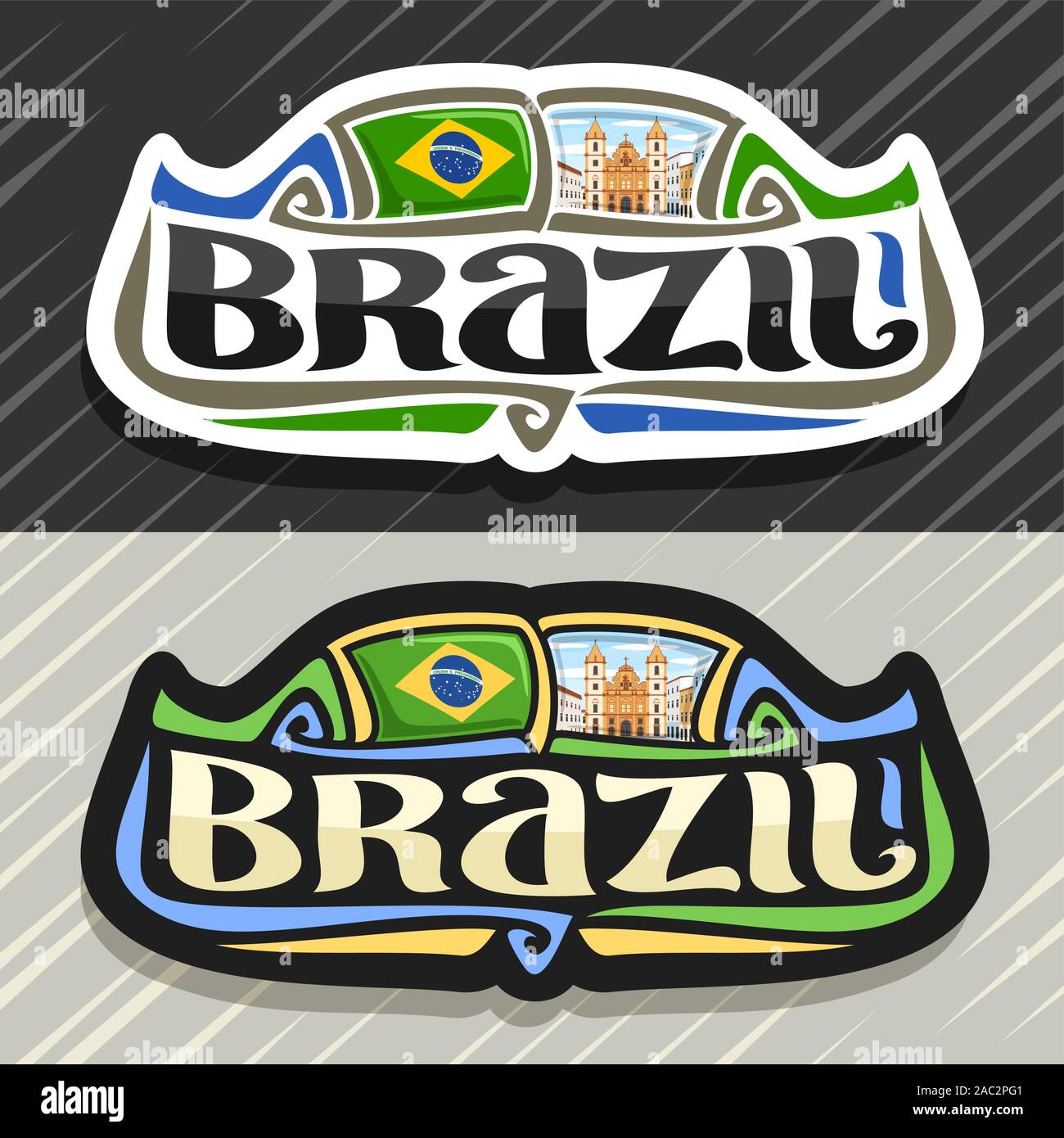 Logo vector pour le Brésil, pays aimant frigo avec drapeau brésilien, pinceau original typeface pour mot brésil et national symbole brésilien - Église de S Illustration de Vecteur