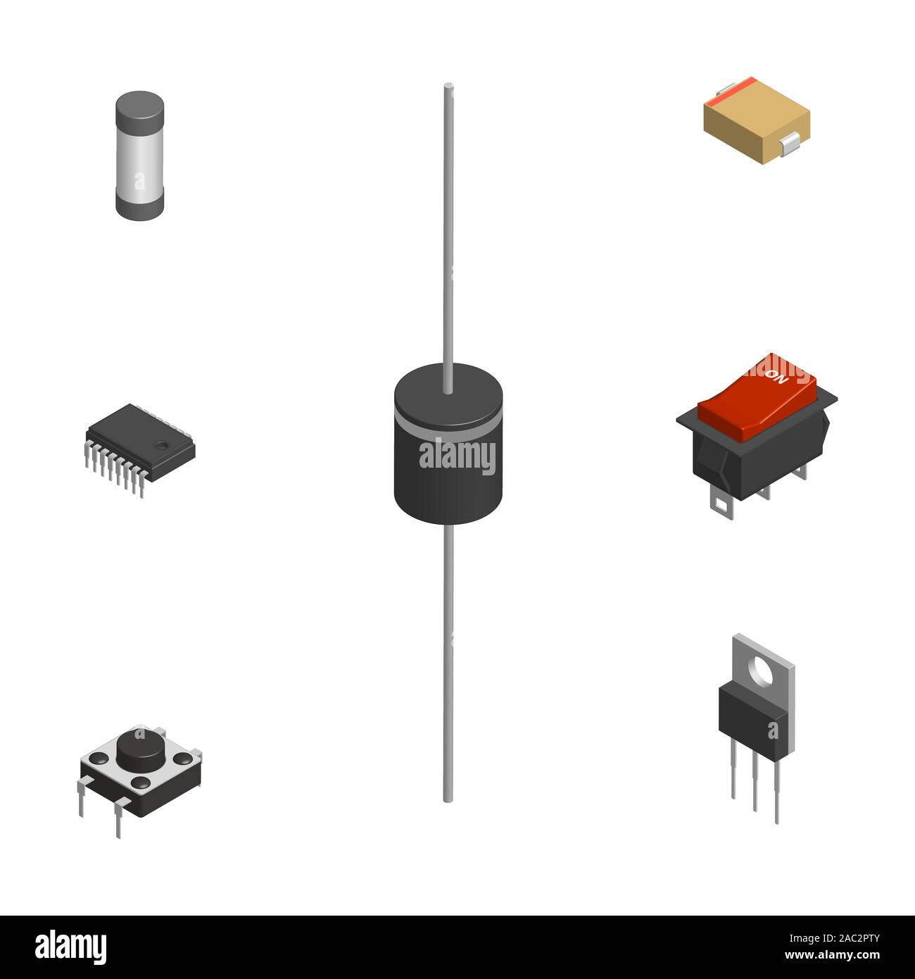 Ensemble de composants électroniques actifs et passifs isolé sur fond blanc. Résistance, condensateur, diode, microprocesseur, fusible et bouton. 3D Illustration de Vecteur