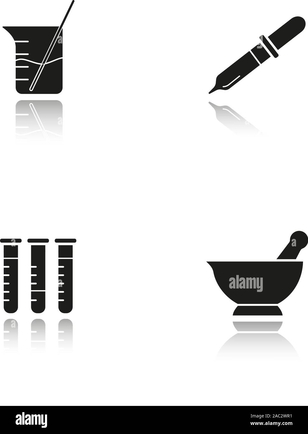 Laboratoire de chimie de l'ombre portée des icônes noires. Outils de laboratoire. Tubes à essai, bécher avec rod et liquide, mortier et pilon, pipette. Illust vectorielles Illustration de Vecteur