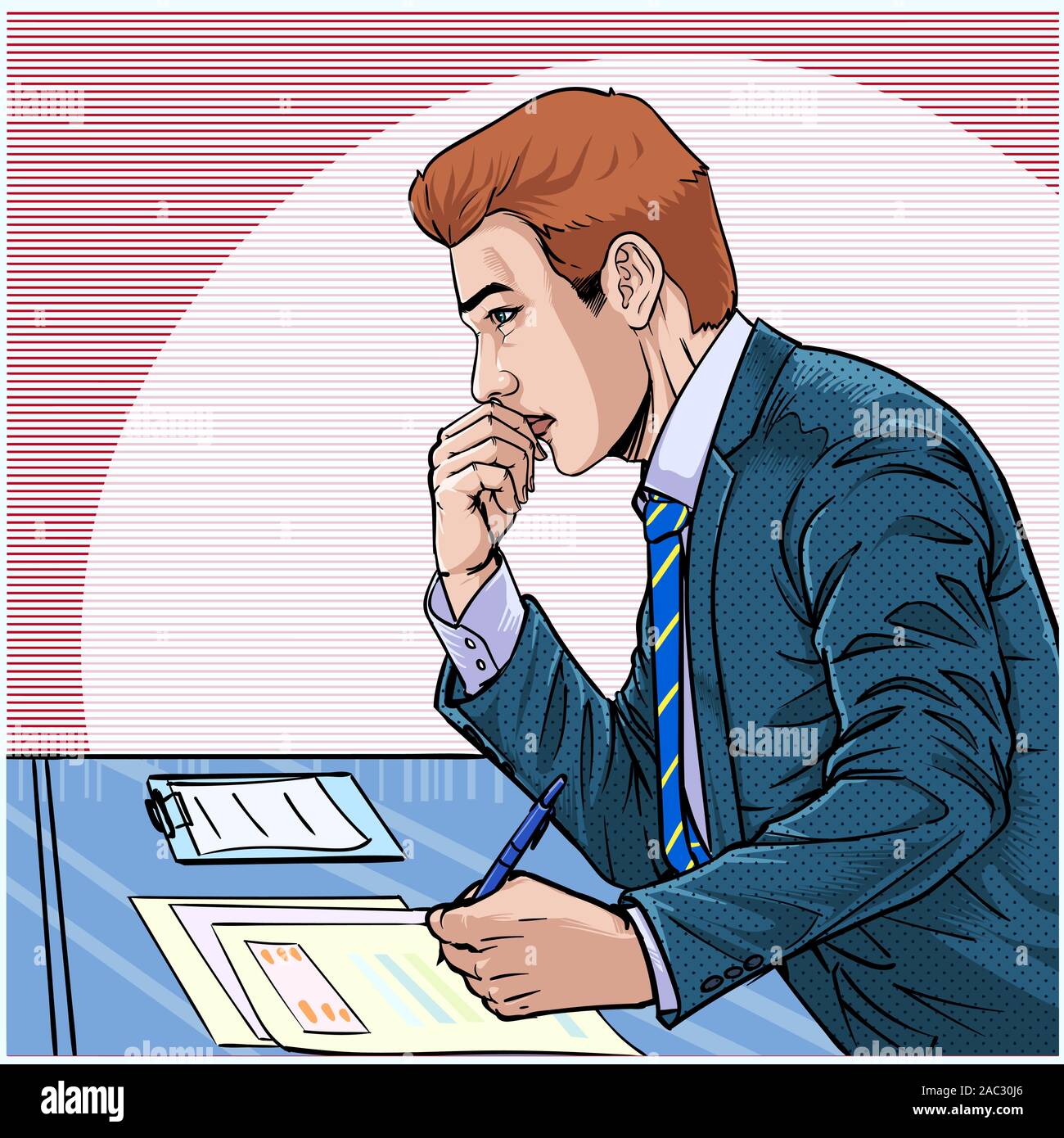 L'homme dans l'action de l'écran de l'ordinateur les jeunes hommes d'affaires sont stressés au travail vecteur Illustration sur le pop art style comics Résumé Illustration de Vecteur