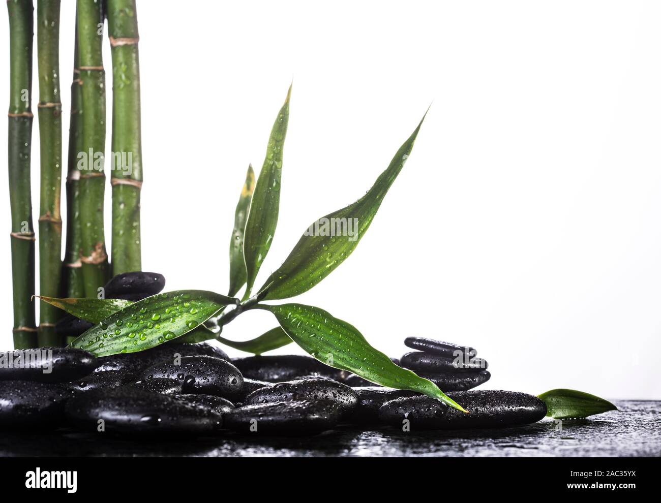 Grean sur des feuilles de bambou zen stones noir pyramide sur fond blanc Banque D'Images