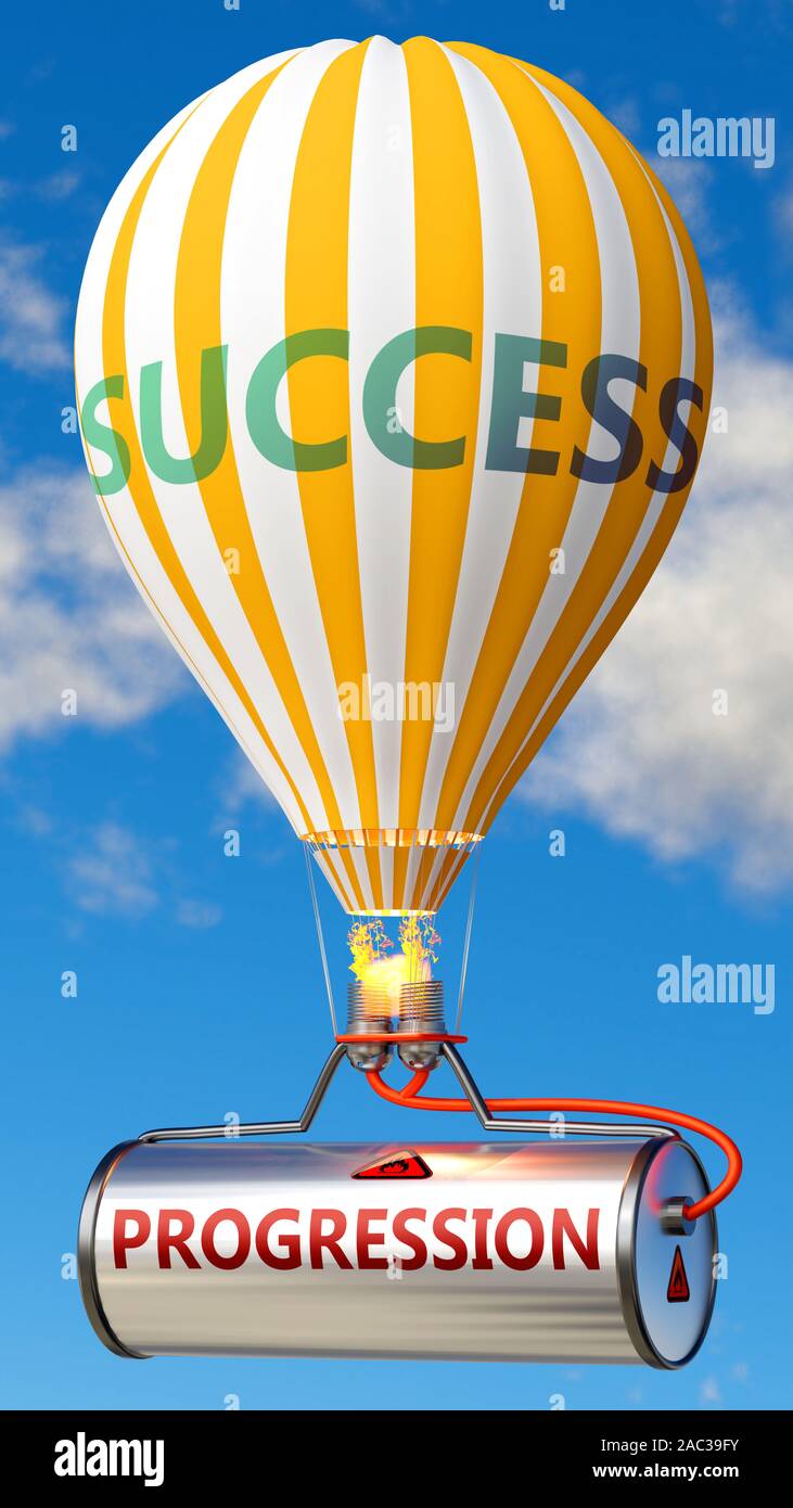 Progression et du succès, représentées par le mot la progression sur un réservoir de carburant et un ballon, pour symboliser cette progression contribuent à la réussite en affaires et Banque D'Images