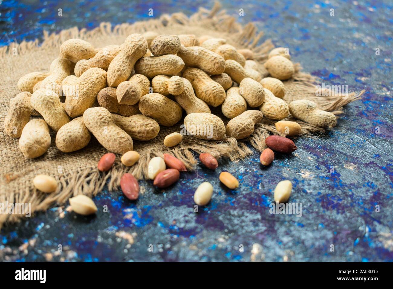 Arachides non pelées sur fond bleu. Close-up. Les haricots d'arachide. Banque D'Images