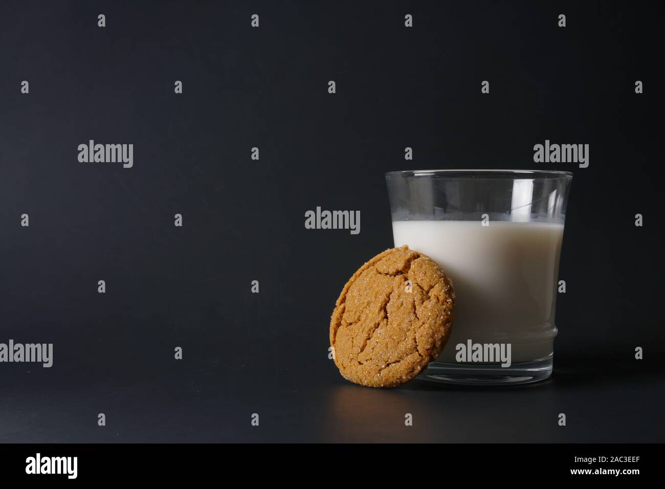 Un cookie de la mélasse de gingembre se presse contre un verre de lait froid sur un fond noir avec l'exemplaire de l'espace sur la gauche Banque D'Images