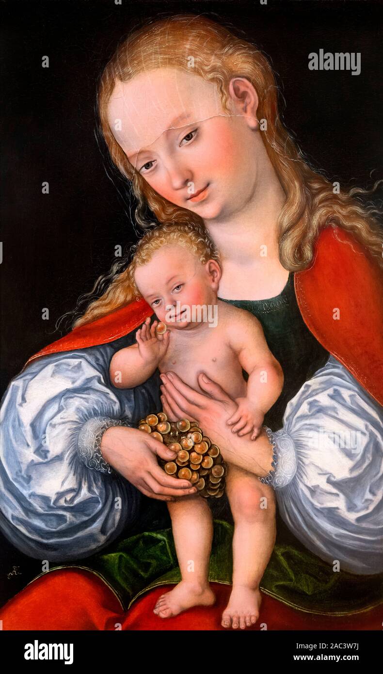 Vierge à l'enfant avec des raisins par Lucas Cranach le Vieux (1472-1553), huile sur panneau, c.1537 Banque D'Images