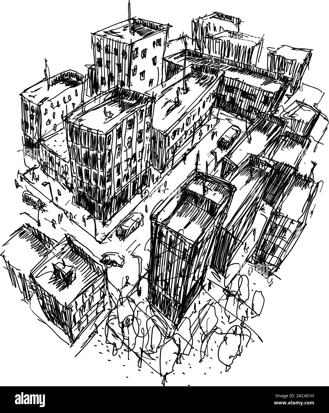 Croquis d'architecture dessiné à la main d'une ville moderne avec des immeubles et dans les rues Illustration de Vecteur
