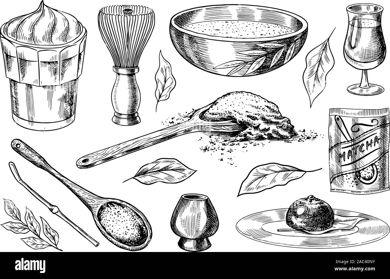Thé vert matcha set. La poudre organique, bambou chasen fouet bol, cuillère chashaku chawan, cérémonie pour les Japonais. Lait de coco latte en bonne santé. Gravée Illustration de Vecteur