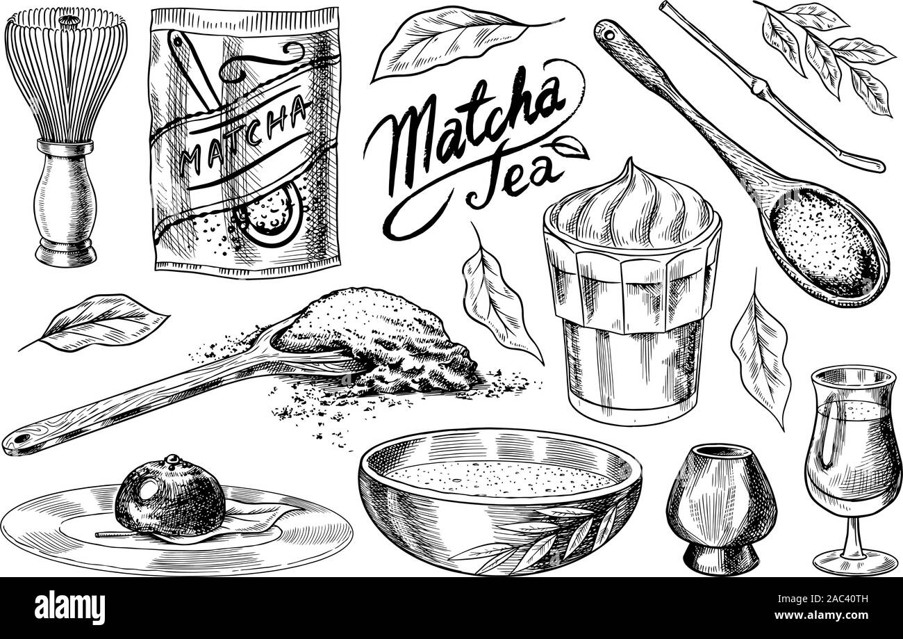 Thé vert matcha set. La poudre organique, bambou chasen fouet bol, cuillère chashaku chawan, cérémonie pour les Japonais. Lait de coco latte en bonne santé. Gravée Illustration de Vecteur