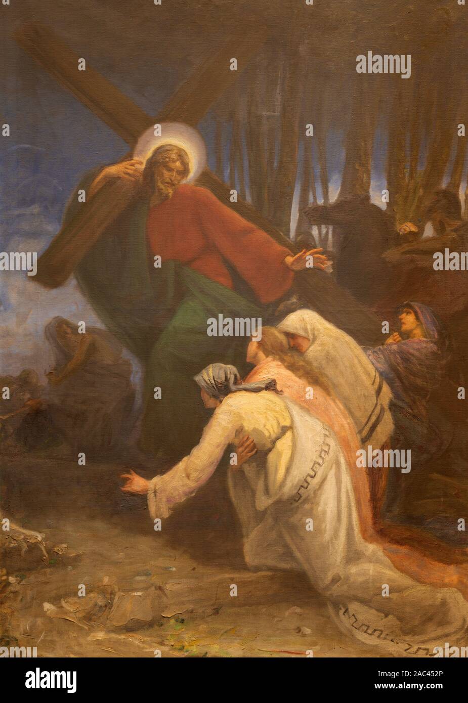 Côme, Italie - 8 mai 2015 : la peinture - Simon de Cyrène aide Jésus porter la croix à l'église sanctuaire del Santissimo Crocifisso. Banque D'Images
