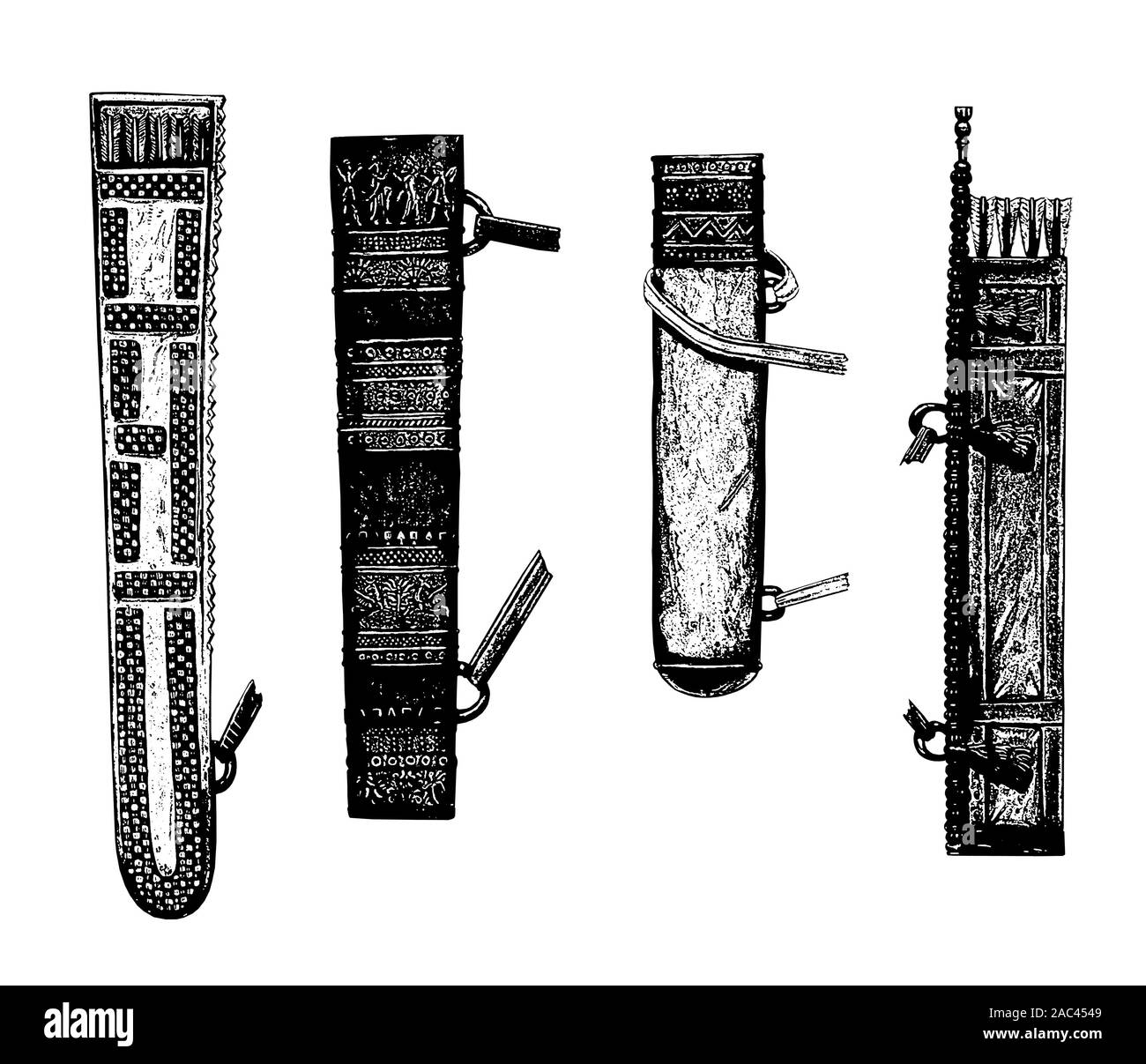 Carquois ancienne illustration. Armes anciennes de l'âge du Bronze. Ensemble de quatre frémit. Banque D'Images