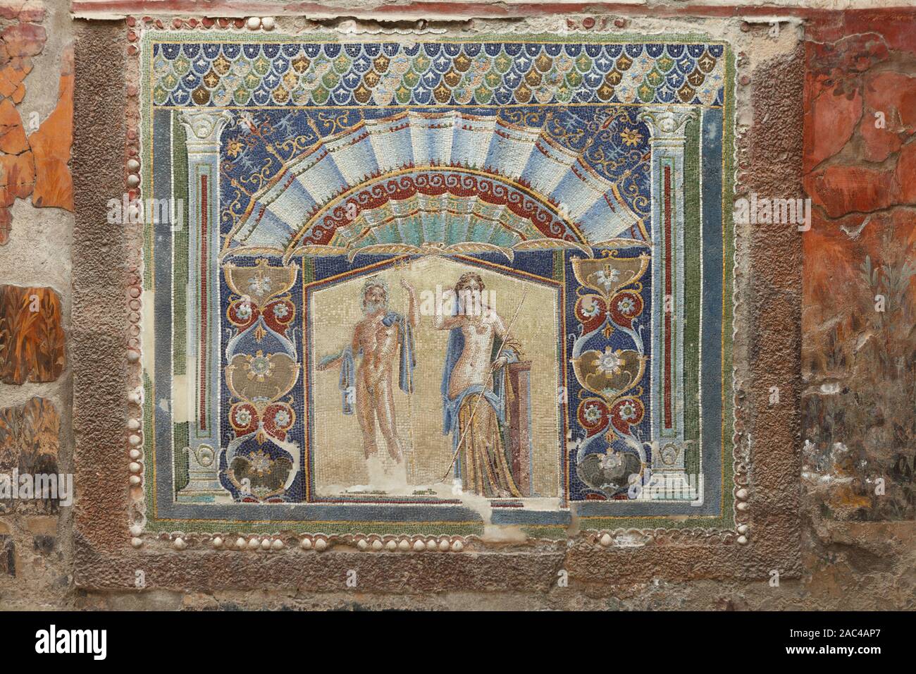 Neptune et Amphitrite mosaic dans maison de la mosaïque de Neptune (la Maison de Neptune et Amphitrite) dans l'ancienne ville d'Herculanum (Ercolano) ruines. Napl Banque D'Images