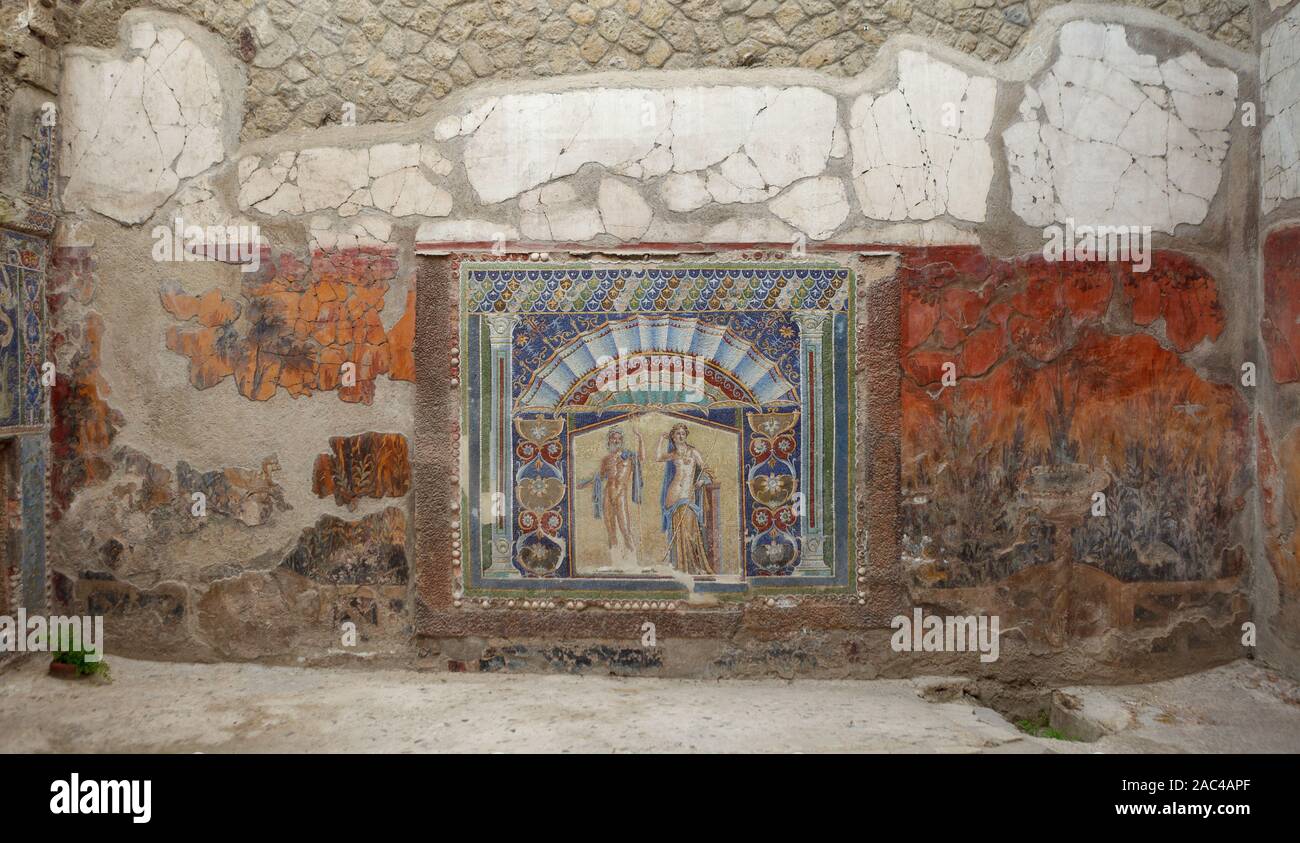 Neptune et Amphitrite mosaic dans maison de la mosaïque de Neptune (la Maison de Neptune et Amphitrite) dans l'ancienne ville d'Herculanum (Ercolano) ruines. Napl Banque D'Images