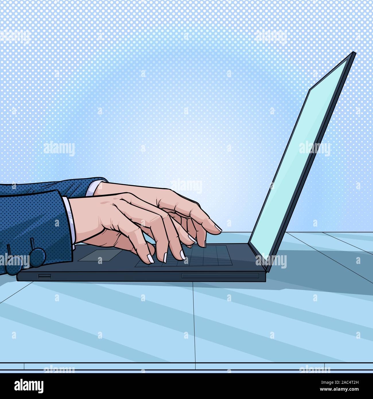 Hommes d'affaires la part qui est tapé sur le clavier de l'ordinateur, vecteur Illustration sur le pop art abstrait arrière-plan des points de style bande dessinée Illustration de Vecteur