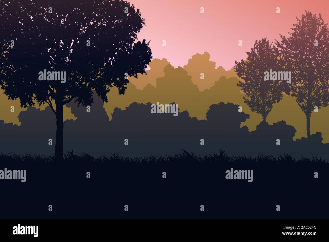 Forêt naturelle orange Jungle arbres horizon Paysage de papier peint de lever et de coucher du soleil coloré style vector Illustration visualiser Illustration de Vecteur