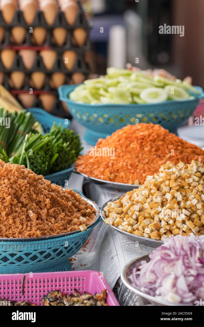 Ingrédients pour un Pad Thai, thai populaires street food Banque D'Images