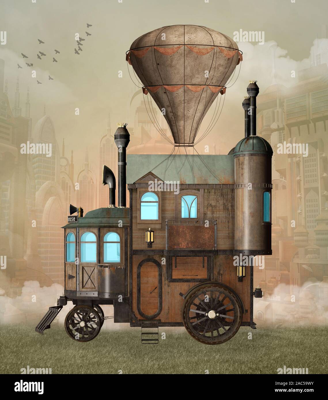 Steampunk surréaliste véhicule avec un ballon à air chaud Banque D'Images