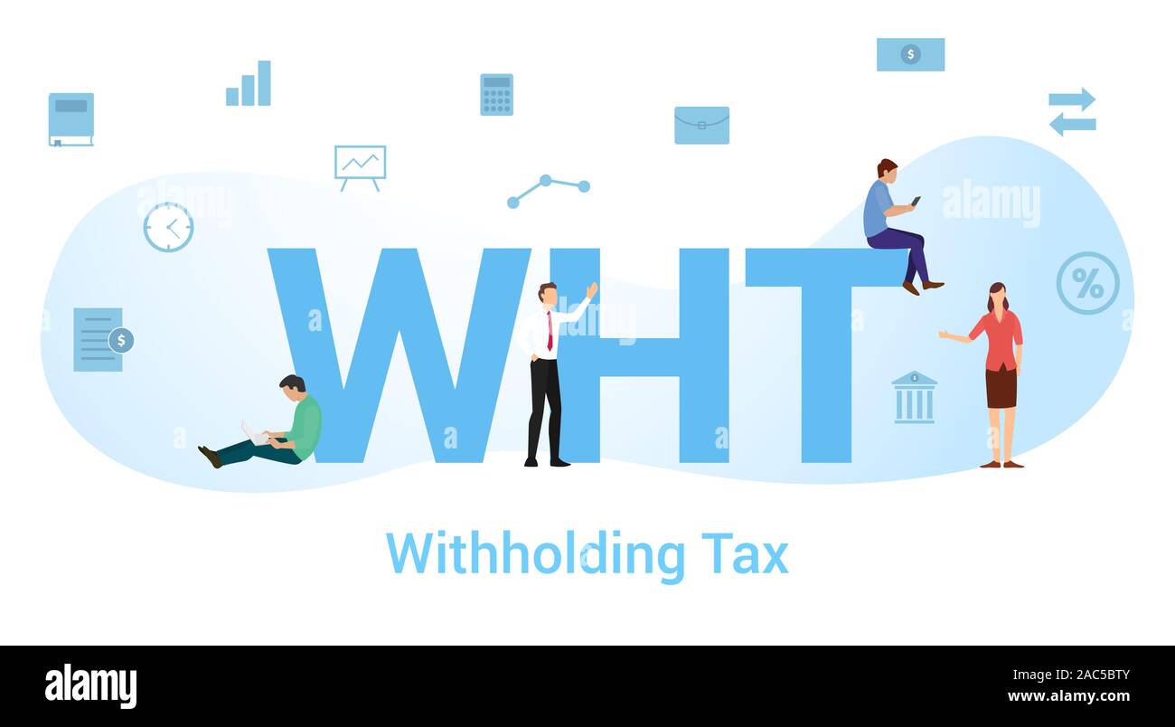 La retenue d'impôt wht concept avec grand mot ou texte et de l'équipe de personnes avec une télévision moderne style - vector illustration Banque D'Images La retenue d'impôt wht concept avec grand mot ou texte et de l'équipe de personnes avec une télévision moderne style - vector illustration Banque D'Images