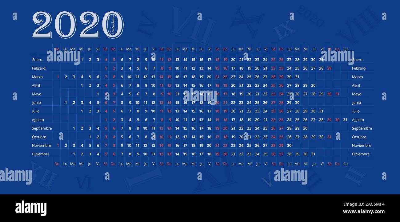 Calendrier mural 2020 en espagnol sur fond bleu foncé avec chiffres romains. Calendrier español 2020. 12 mois ligne par ligne Illustration de Vecteur
