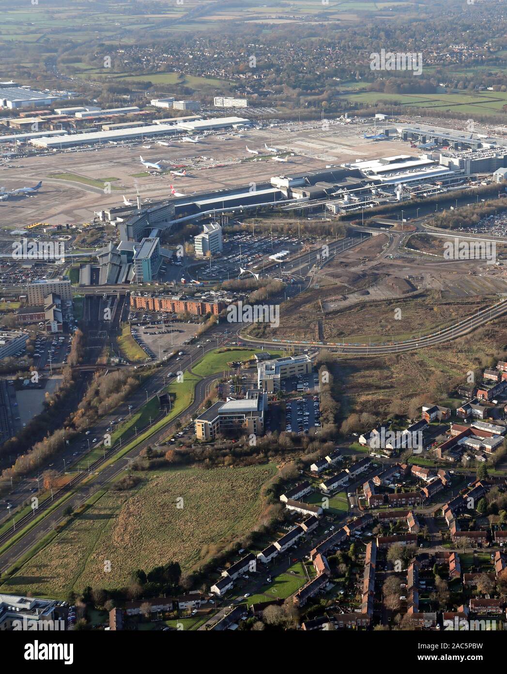 Vue aérienne de l'aérogare 2 à l'aéroport de Manchester, Royaume-Uni Banque D'Images