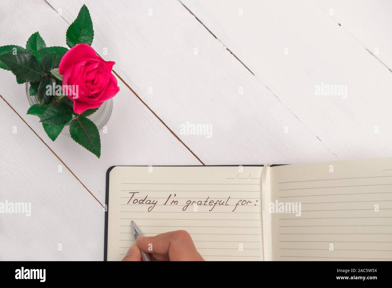 Main femme écrit dans un journal de gratitude sur table en bois blanc avec fond rose rose décoration Banque D'Images